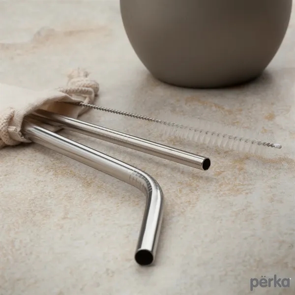 Five-piece Perka® Avila stainless steel drinking straw set in cotton drawstring... from ASI 67866 Logomark/Valumark