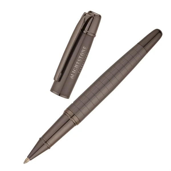 Heavyweight brass rollerball pen with cap-off design, satin gunmetal cap and... from ASI 67866 Logomark/Valumark