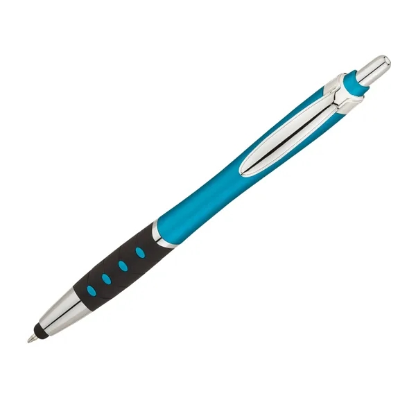 Plunger action ballpoint pen with metallic color barrel, black rubber grip,... from ASI 67866 Logomark/Valumark / Valumark™
