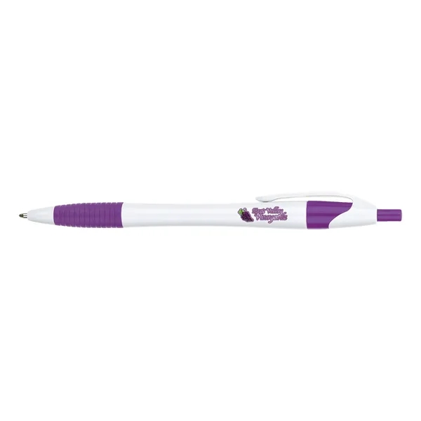 Plunger action ballpoint pen with hourglass barrel design and soft rubber... from ASI 67866 Logomark/Valumark / Valumark™