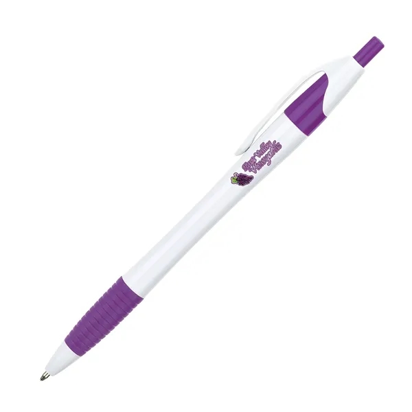 Plunger action ballpoint pen with hourglass barrel design and soft rubber... from ASI 67866 Logomark/Valumark / Valumark™