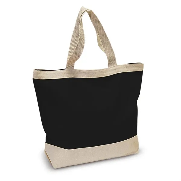 Promotional tote bag with neutral colored trim and zippered closure.... from ASI 68507 The Magnet Group / The Bag Factory®