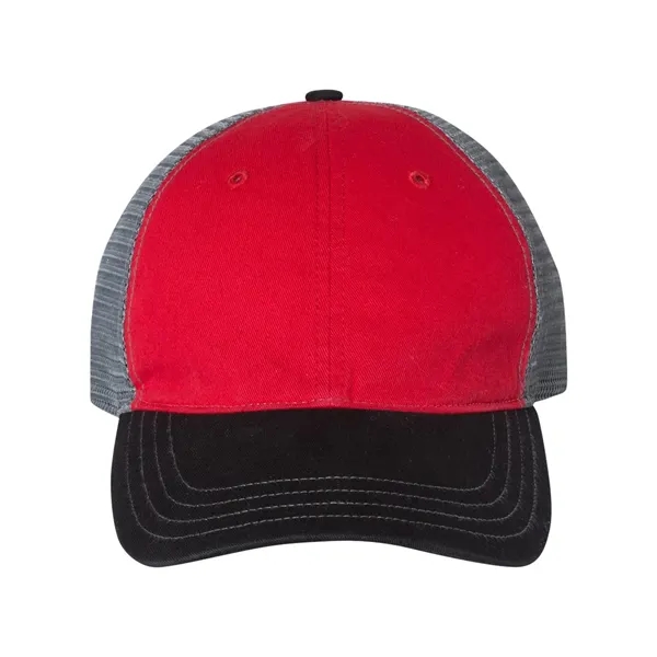 Washed trucker cap with a cotton front, mesh back, snapback closure,... from ASI 84358 S&S Activewear