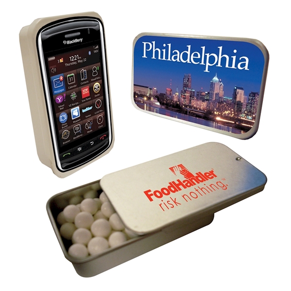 Slider tin filled with a treat of your choice between mints,... from ASI 61125 Hit Promotional Products
