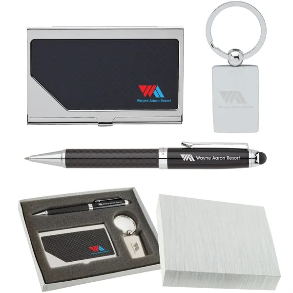 Carbon Fiber Pen, Business Card Case and Chrome Keyring Set... from ASI 67866 Logomark/Valumark