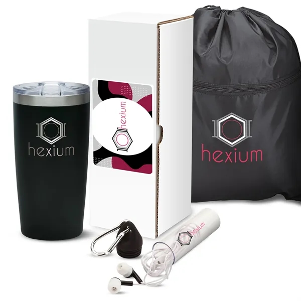 Gift set with 20-ounce stainless steel tumbler, drawstring sports bag and... from ASI 67866 Logomark/Valumark