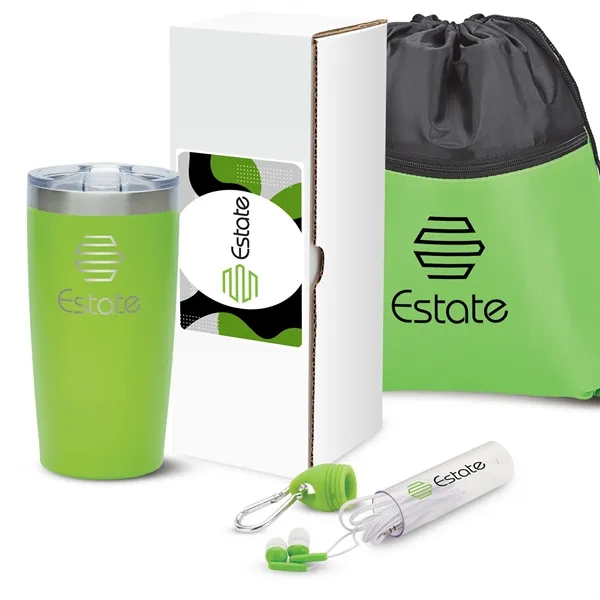 Gift set with 20-ounce stainless steel tumbler, drawstring sports bag and... from ASI 67866 Logomark/Valumark
