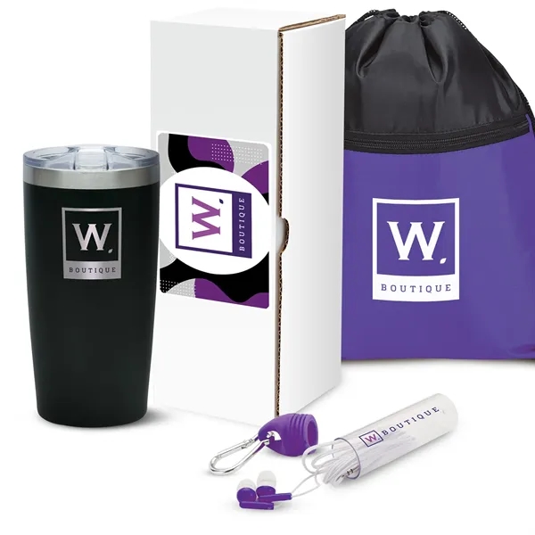 Gift set with 20-ounce stainless steel tumbler, drawstring sports bag and... from ASI 67866 Logomark/Valumark