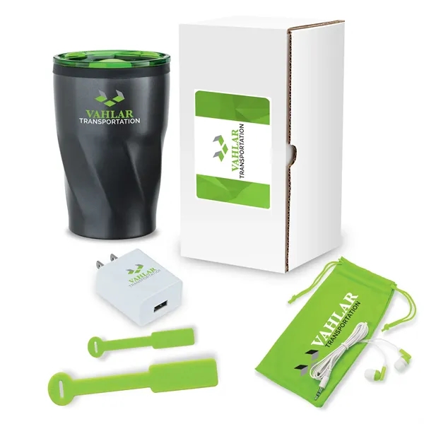 Three-piece networking tech gift set with 12 oz. tumbler, USB wall... from ASI 67866 Logomark/Valumark