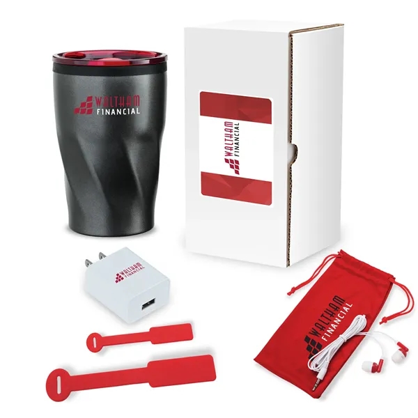 Three-piece networking tech gift set with 12 oz. tumbler, USB wall... from ASI 67866 Logomark/Valumark