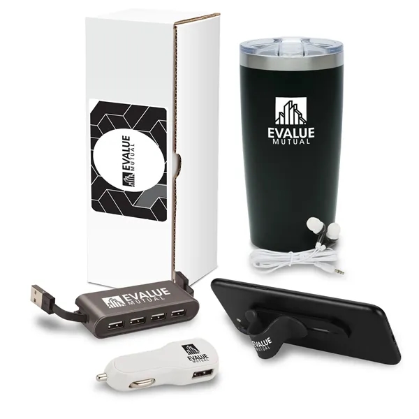 Five-piece gift set with 20 ounce steel drinking tumbler, earbuds, USB... from ASI 67866 Logomark/Valumark