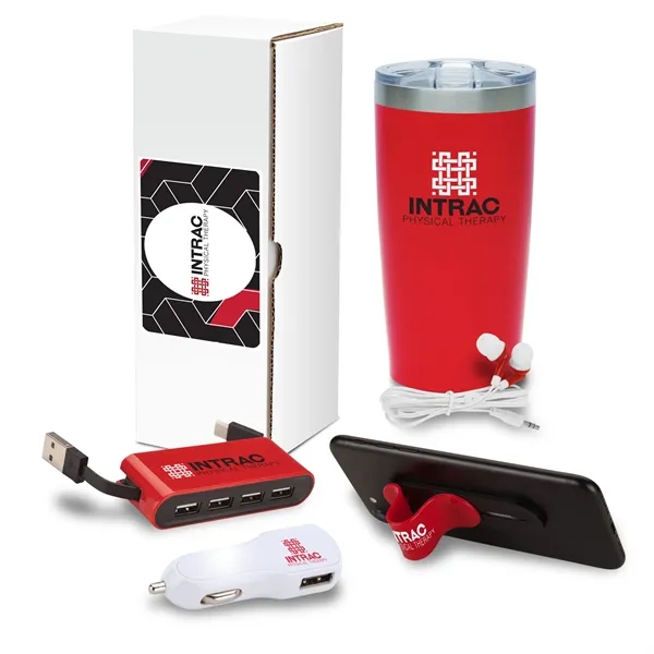 Five-piece gift set with 20 ounce steel drinking tumbler, earbuds, USB... from ASI 67866 Logomark/Valumark