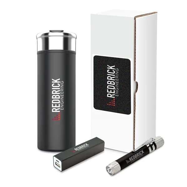 Shield three-piece gift set with 18 oz. steel tumbler, LED flashlight... from ASI 67866 Logomark/Valumark