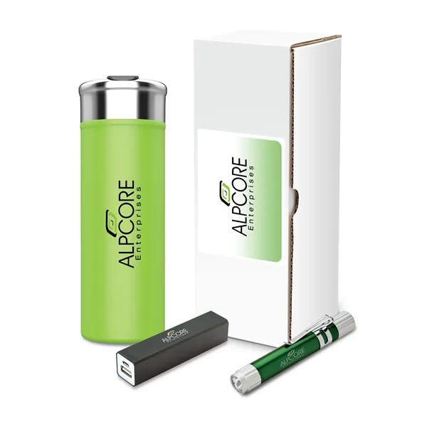 Shield three-piece gift set with 18 oz. steel tumbler, LED flashlight... from ASI 67866 Logomark/Valumark