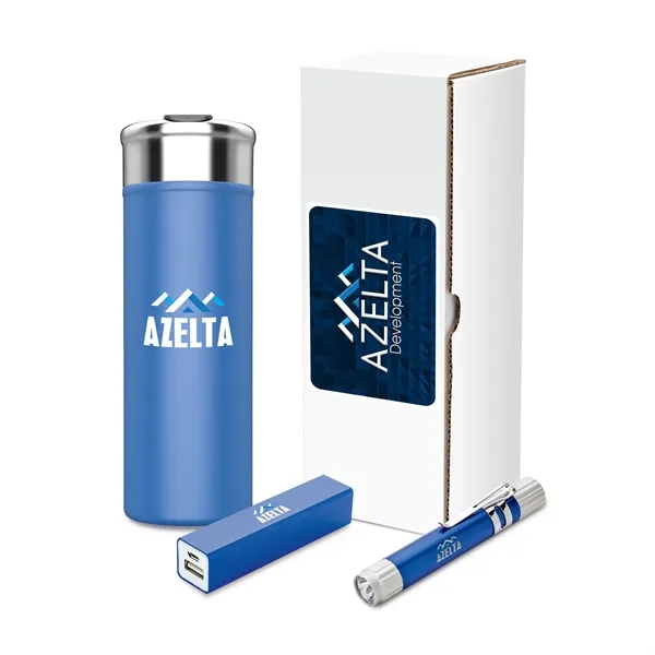 Shield three-piece gift set with 18 oz. steel tumbler, LED flashlight... from ASI 67866 Logomark/Valumark