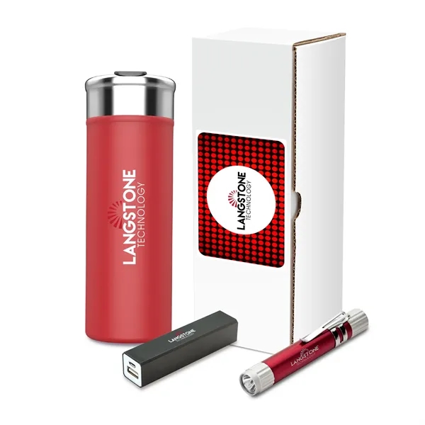 Shield three-piece gift set with 18 oz. steel tumbler, LED flashlight... from ASI 67866 Logomark/Valumark