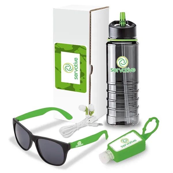 Four-piece gift set with 25-oz. Tritan™ water bottle, stereo earbuds, sunglasses... from ASI 67866 Logomark/Valumark