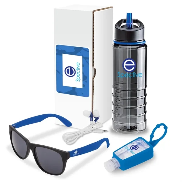 Four-piece gift set with 25-oz. Tritan™ water bottle, stereo earbuds, sunglasses... from ASI 67866 Logomark/Valumark