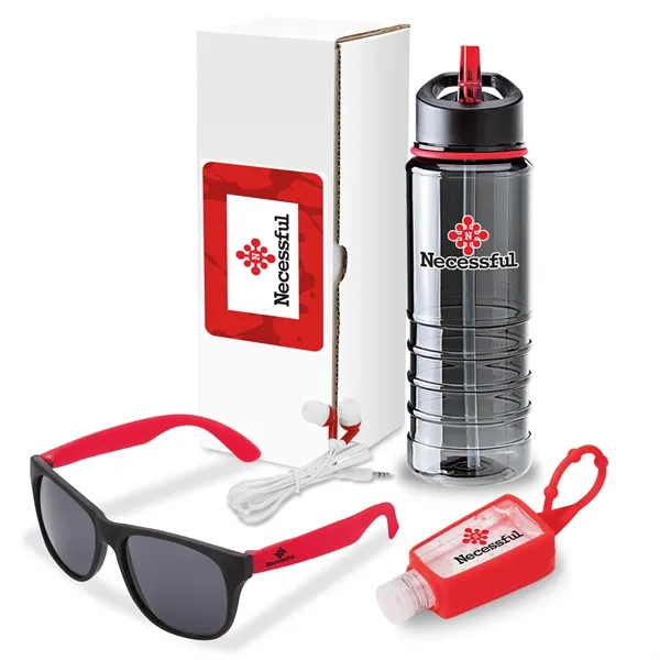 Four-piece gift set with 25-oz. Tritan™ water bottle, stereo earbuds, sunglasses... from ASI 67866 Logomark/Valumark