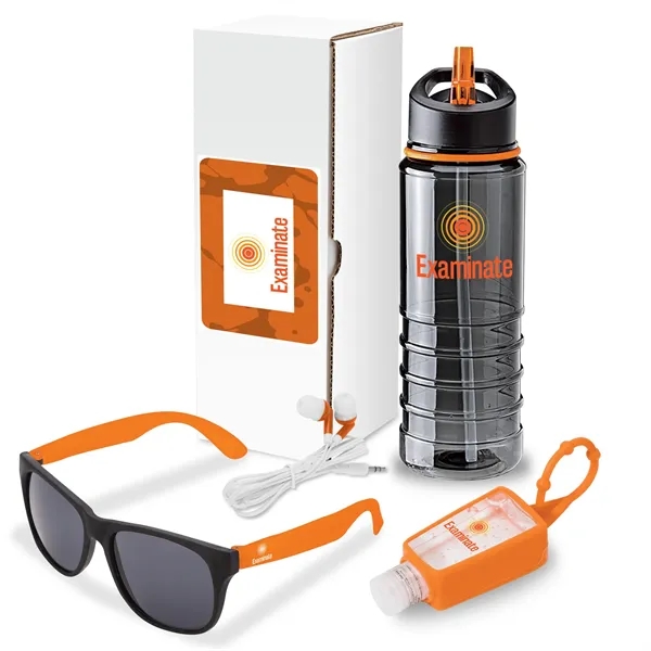 Four-piece gift set with 25-oz. Tritan™ water bottle, stereo earbuds, sunglasses... from ASI 67866 Logomark/Valumark