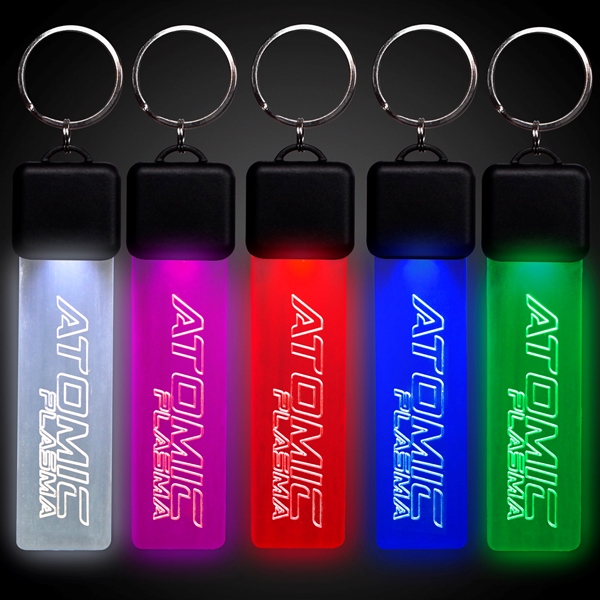 Promotional keychain with laser engraved graphics, bright LED lights and replaceable... from ASI 42016 Brighter Promotions Inc