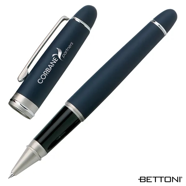 Rollerball pen with Euro-style cap-off design, solid brass barrel and soft-touch... from ASI 67866 Logomark/Valumark