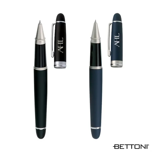 Rollerball pen with Euro-style cap-off design, solid brass barrel and soft-touch... from ASI 67866 Logomark/Valumark