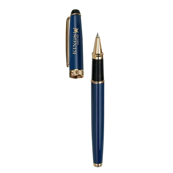 Rollerball pen with cap-off design, brass construction, gold clip and accents... from ASI 67866 Logomark/Valumark