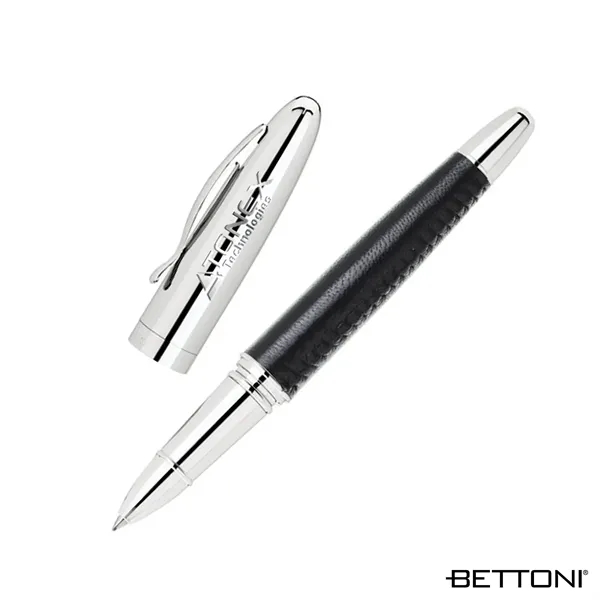 Rollerball pen with cap-off design, solid brass chrome cap, leather barrel... from ASI 67866 Logomark/Valumark