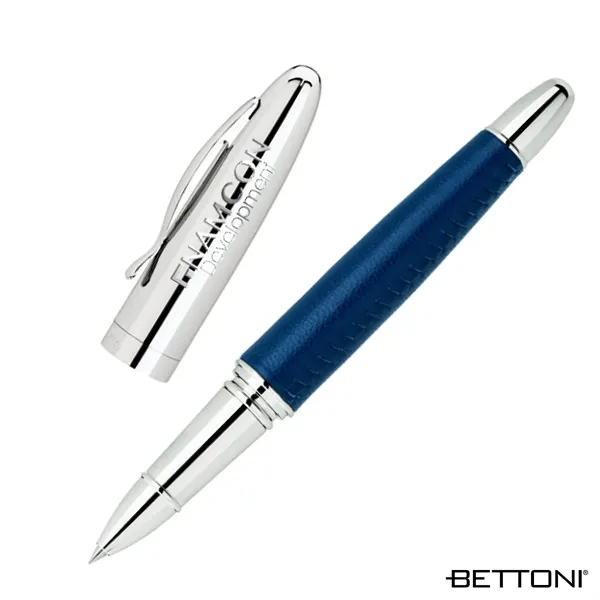 Rollerball pen with cap-off design, solid brass chrome cap, leather barrel... from ASI 67866 Logomark/Valumark