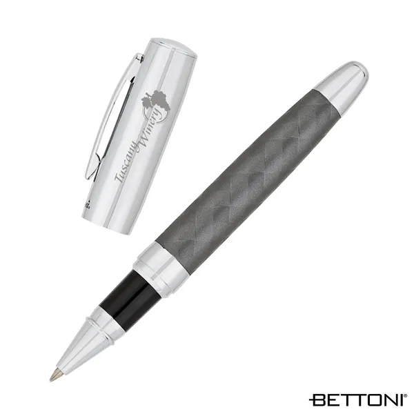 Rollerball pen with cap-off design, woven design barrel and chrome cap... from ASI 67866 Logomark/Valumark