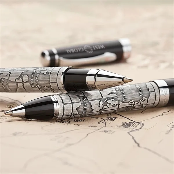 Chrome plated brass ballpoint point pen with antique world map design... from ASI 67866 Logomark/Valumark