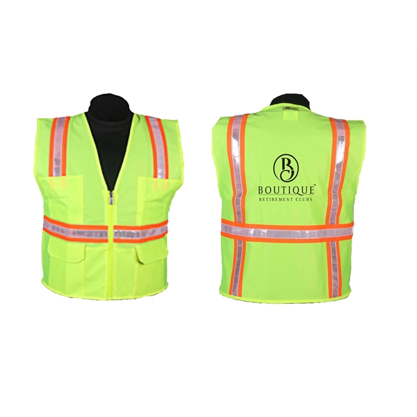 Green safety vest, solid polyester, 6 pockets total with stripes, screen... from ASI 79951 Promosafe / Promosafe