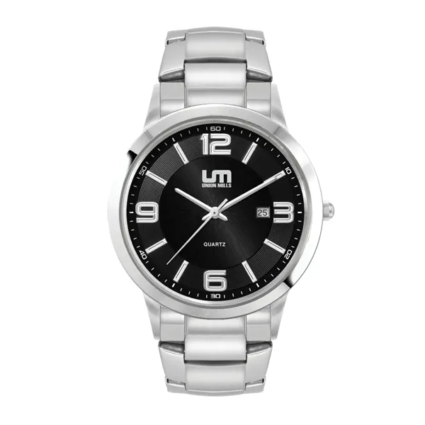 Men's silver stainless steel watch with black sunray dial and 3-hand... from ASI 67866 Logomark/Valumark