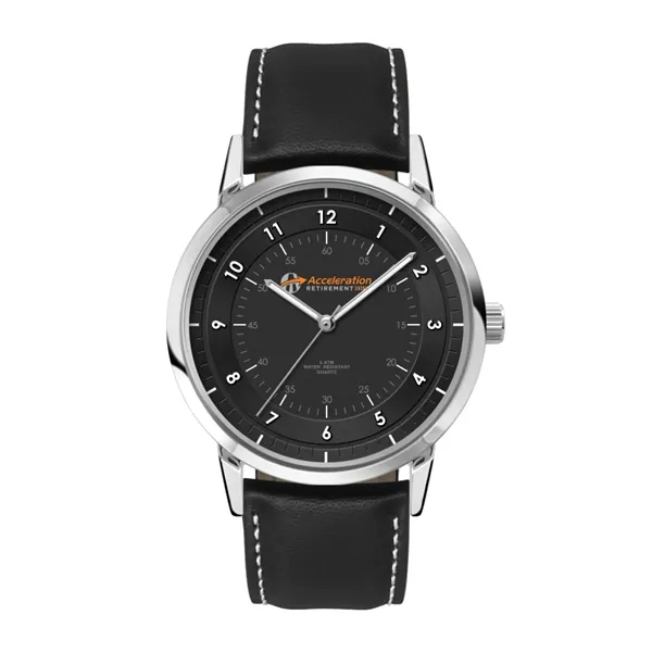 Customizable watch with a sleek 42mm polished brushed silver and black... from ASI 67866 Logomark/Valumark