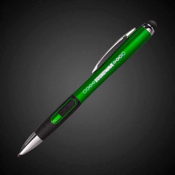 Glowing LED stylus pen with laser engraved graphics.... from ASI 42016 Brighter Promotions Inc