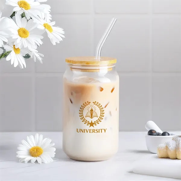 16 oz. glass-can-shaped glass with bamboo lid and glass straw, perfect... from ASI 61966 HPG / Best Promotions USA