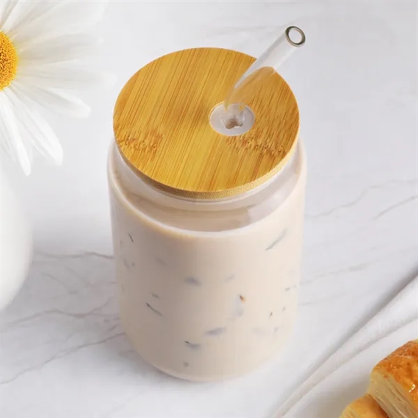 16 oz. glass-can-shaped glass with bamboo lid and glass straw, perfect... from ASI 61966 HPG / Best Promotions USA