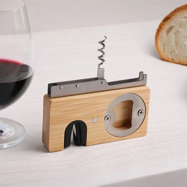 Bamboo multi-tool with bottle opener, knife sharpener, fold-out corkscrew, and magnetic... from ASI 61966 HPG / Best Promotions USA