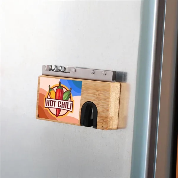 Bamboo multi-tool with bottle opener, knife sharpener, fold-out corkscrew, and magnetic... from ASI 61966 HPG / Best Promotions USA