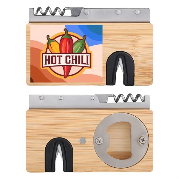 Bamboo multi-tool with bottle opener, knife sharpener, fold-out corkscrew, and magnetic... from ASI 61966 HPG / Best Promotions USA