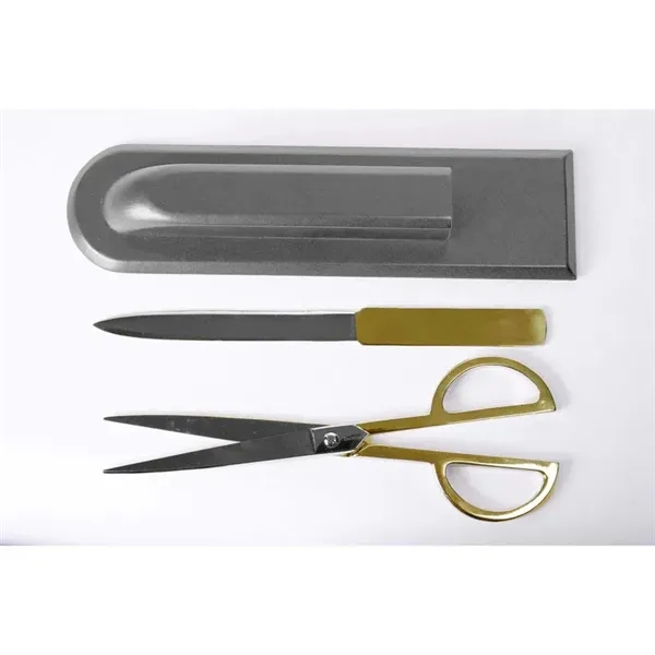 Gray leather holder with gold scissors and letter opener.... from ASI 48125 Dacasso