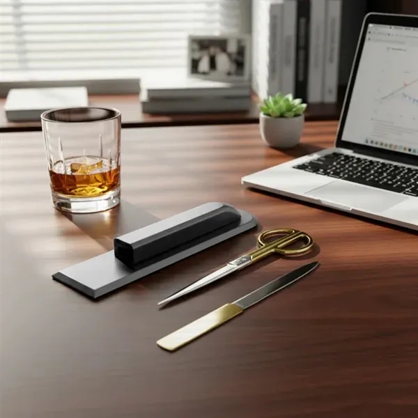 Gray leather holder with gold scissors and letter opener.... from ASI 48125 Dacasso