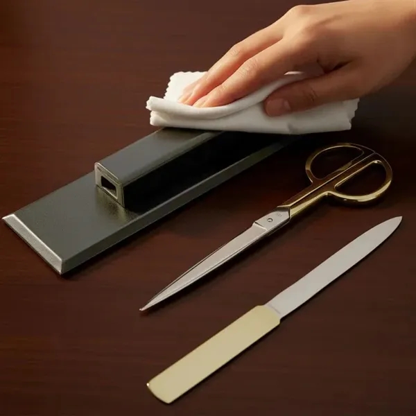 Gray leather holder with gold scissors and letter opener.... from ASI 48125 Dacasso