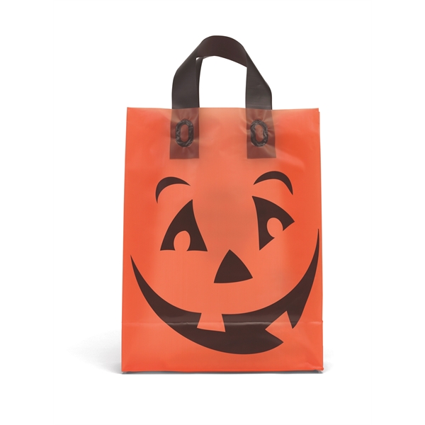 Orange frosted plastic bag with black soft-loop handles and stock pumpkin... from ASI 37940 Bag Makers Inc