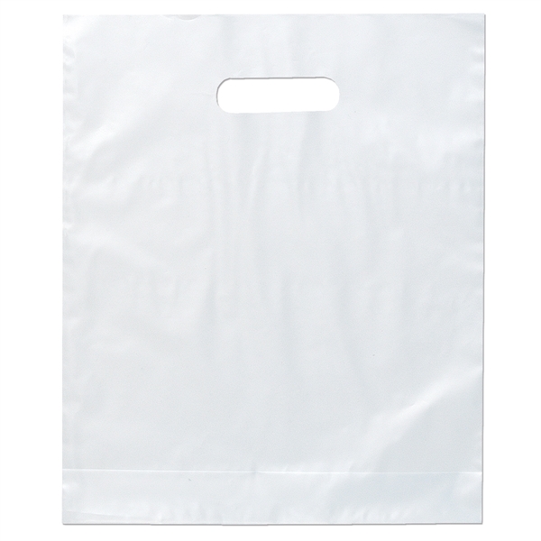 Hi-density 2.5 mil frosted plastic bags with die cut handles.... from ASI 37940 Bag Makers Inc