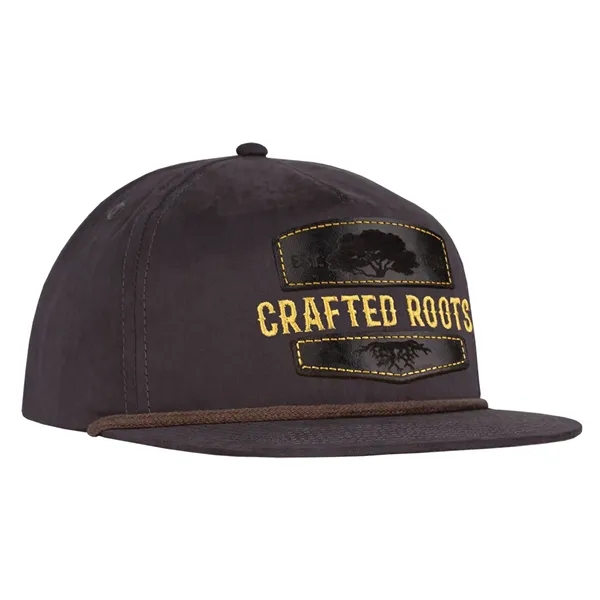 Polyester made deluxe 5-panel soft hand poly flat bill with rope... from ASI 80129 Quake City Caps