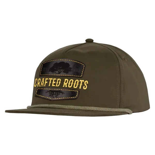 Polyester made deluxe 5-panel soft hand poly flat bill with rope... from ASI 80129 Quake City Caps