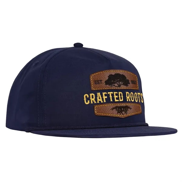 Polyester made deluxe 5-panel soft hand poly flat bill with rope... from ASI 80129 Quake City Caps