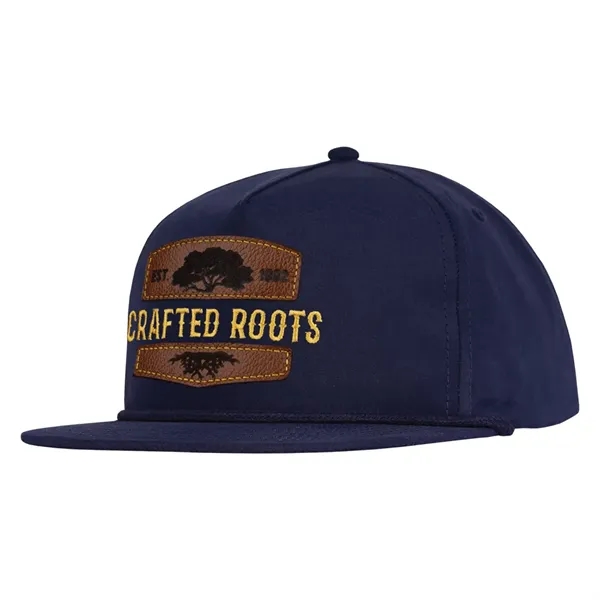 Polyester made deluxe 5-panel soft hand poly flat bill with rope... from ASI 80129 Quake City Caps